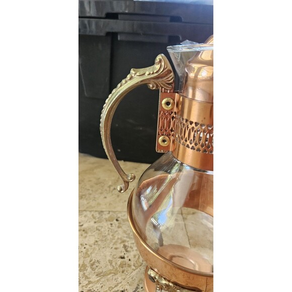 Vintage Copper Brass Coffee Carafe Glass Pot with Warmer & Stand - Picture 6 of 7